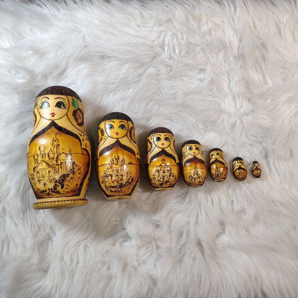 Vintage Hand Painted/Wood Burned Russian Matryoshka 7 Pc 7” Nesting Dolls Signed